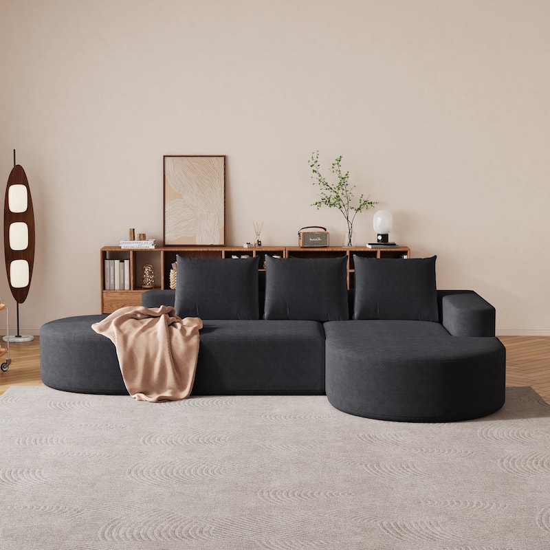 Roomfitters 108.5" Modern Curved Chenille Sectional Sofa, Modular L-Shaped Couch with 3 Pillows - Black - Right Hand Facing