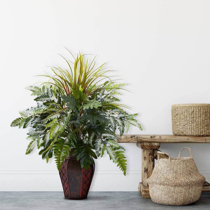 Tall Grass & Fern Arrangement with Planter - Decorative Greenery for Home Office Decor - 2.42ft.