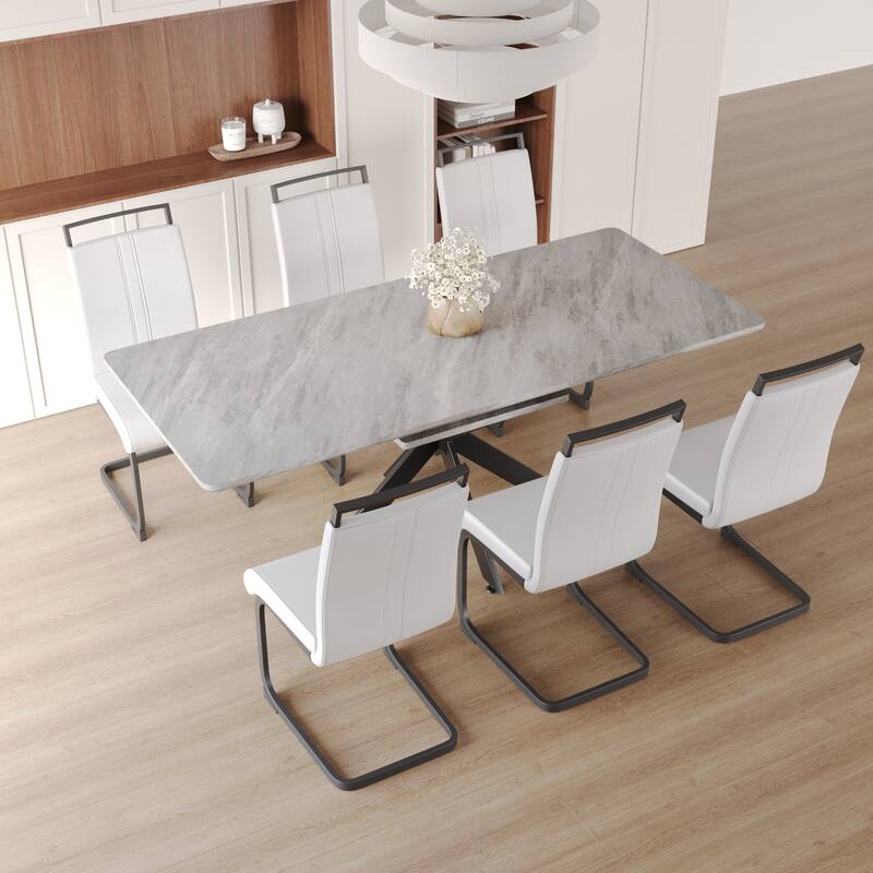 Modern Dining Set with Rectangular Extendable Table & C-shaped Tube Soft Padded Armless Chairs