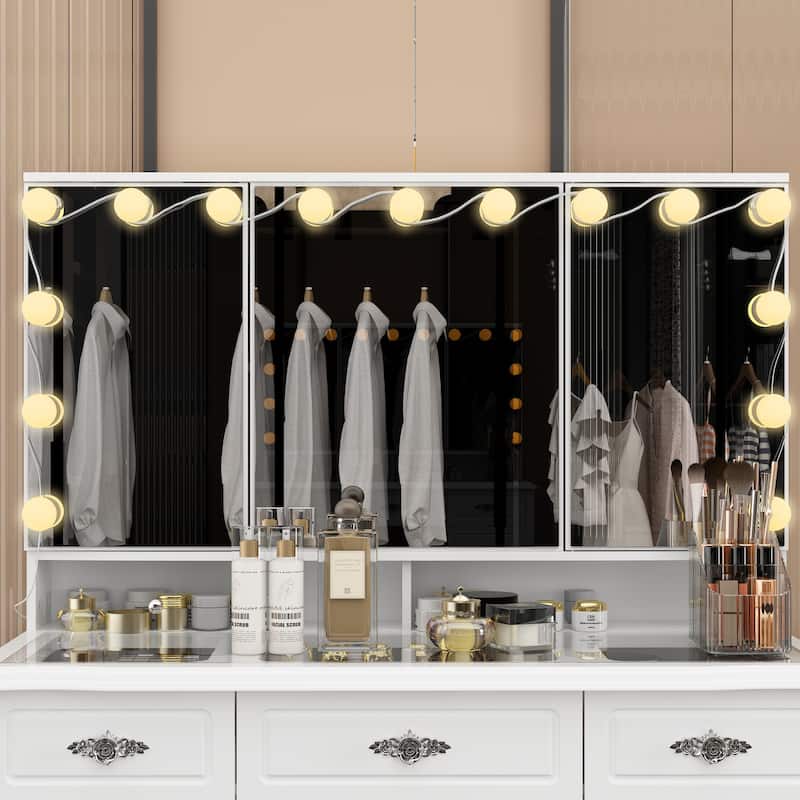 Modern White Makeup Vanity Fold Mirror Adjustable Lighting Dressing - 40.2"x54.1"