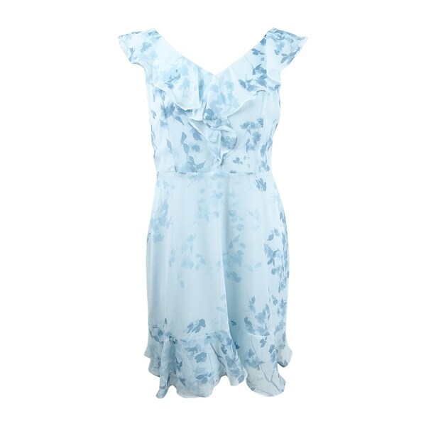 DKNY Women's Floral-Print Ruffle Dress (14, Blue Multi) - Blue Multi - 14