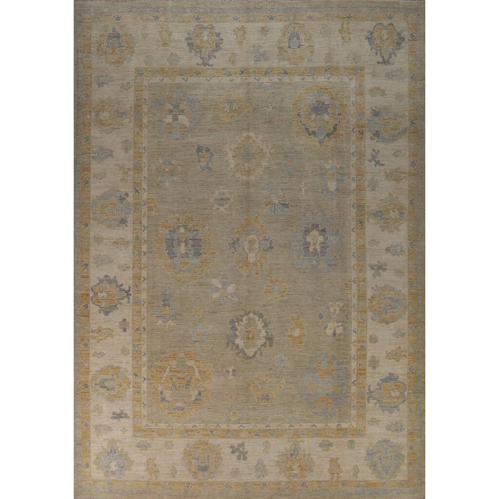 Hand Knotted Oriental 100% Wool Carpet Transitional All-Over Beige & Ivories Oushak Area Rug - 11' 8'' X 9' 1''
