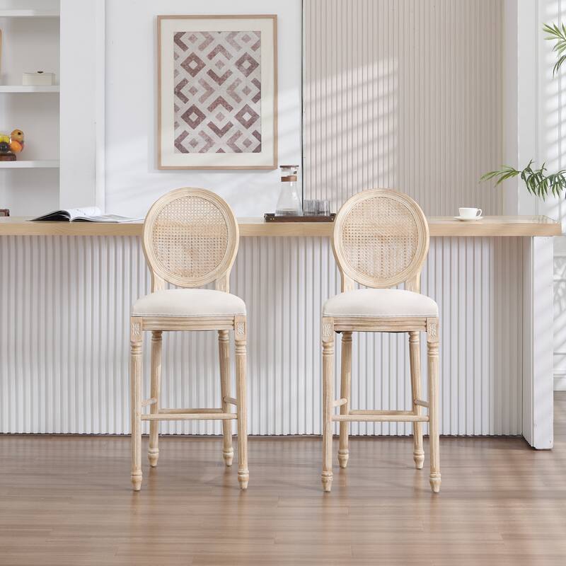 French Country Dining Chairs Set of 2, Upholstered Chairs with Nature Rattan Round Back, Wire drawing and carving techniques