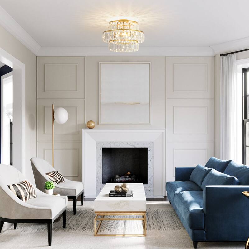 4-Light Modern 3-Tier Crystal Flush Mount Ceiling Light - Glamorous Metal Ring Ceiling Fixture for Bedroom