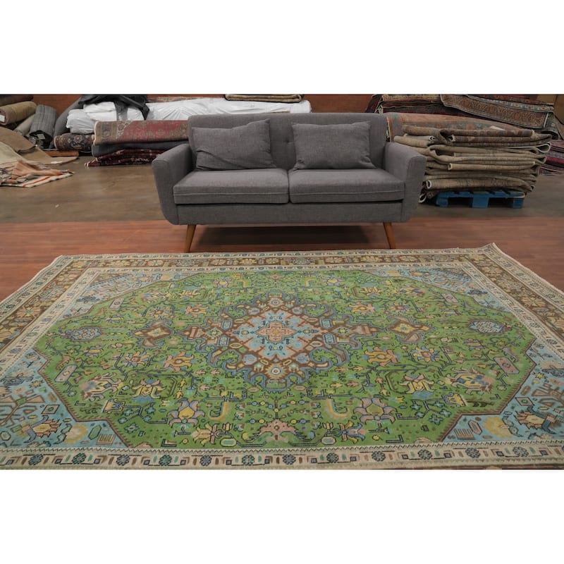 Hand Knotted Oriental 100% Wool Carpet Traditional Floral Green Tabriz Area Rug - 9' 5'' X 6' 4''