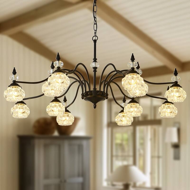 Modern Crystal Chandelier with Crystal Glass Shade Black Farmhouse Chandelier for Kitchen Island - Black - 40.94*40.94*94.59 in
