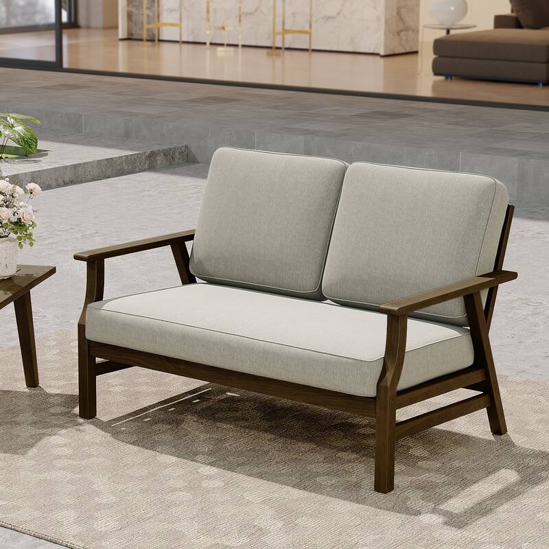 Modern Wood Cushioned 5-Piece Outdoor Patio Conversation Set - 2-Seat Loveseat - Light Camel