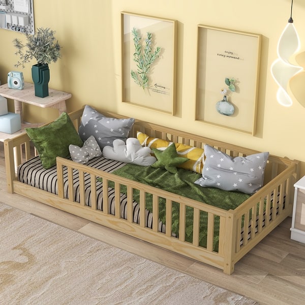 slide 2 of 7, Floor Platform Bed with Fence without Door Natural
