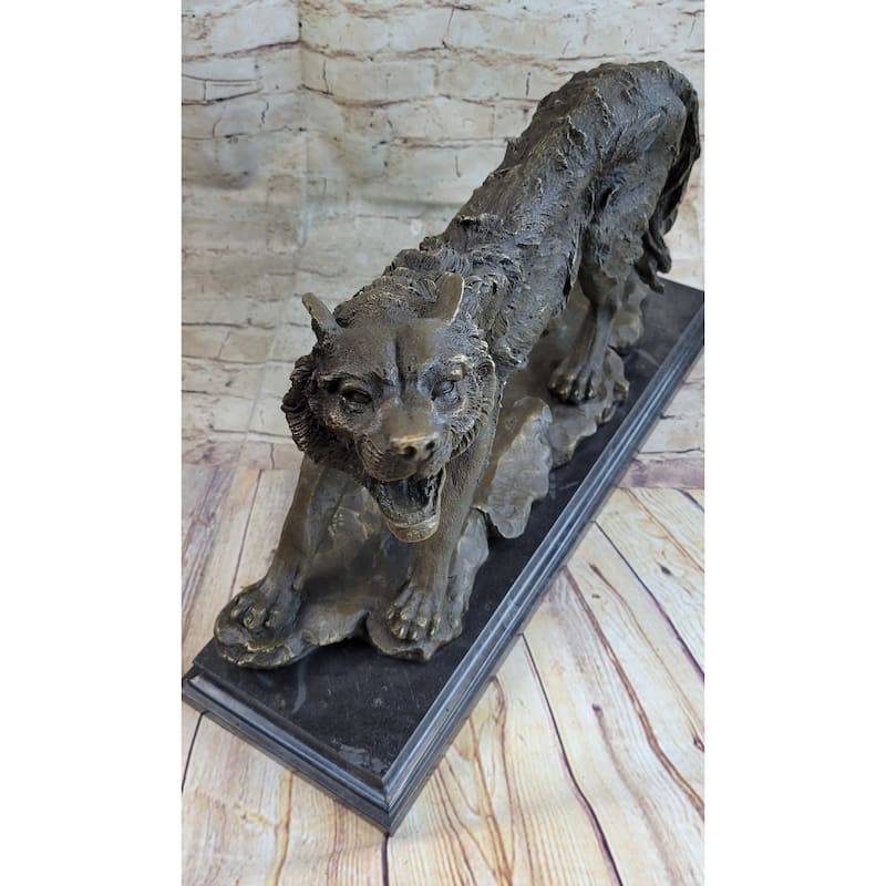 Fierce Wolf Howling Canine Bronze Sculpture Statue Art On Marble Base
