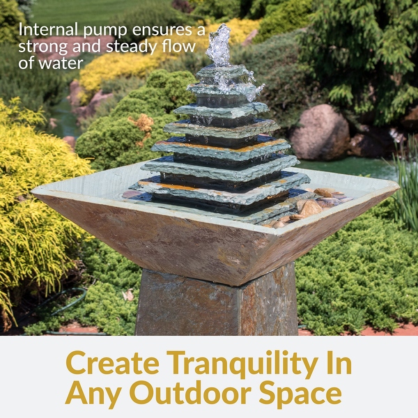 Sunnydaze Layered Pyramid Slate Outdoor Fountain with LED Light