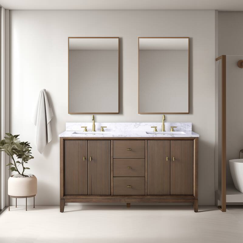 Vanity Art 60" Freestanding Bathroom Vanity with Engineered Marble Top and Sinks