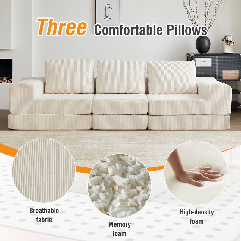 108" Corduroy Upholstered Modular Oversized 3-Seater Convertible Comfy Compressed Sofa