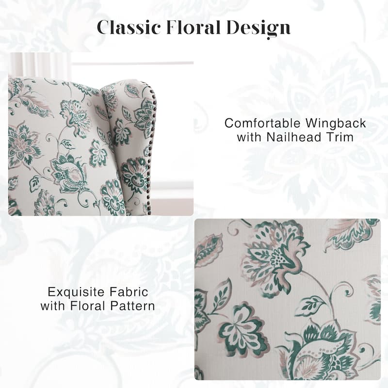HOMYKA 29'' Wide Floral Pattern Wingback Accent Armchair with Nailhead Trim