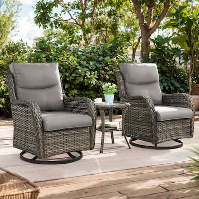 Outdoor Swivel Chairs 3 Piece Wicker Rocking Charis Table Set - Grey