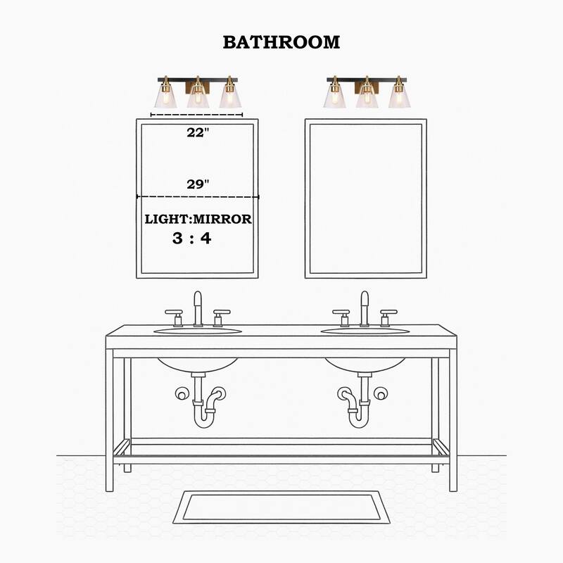 3-Light Mid-Century Modern Black Gold Bathroom Vanity Lights Clear Glass Wall Sconces