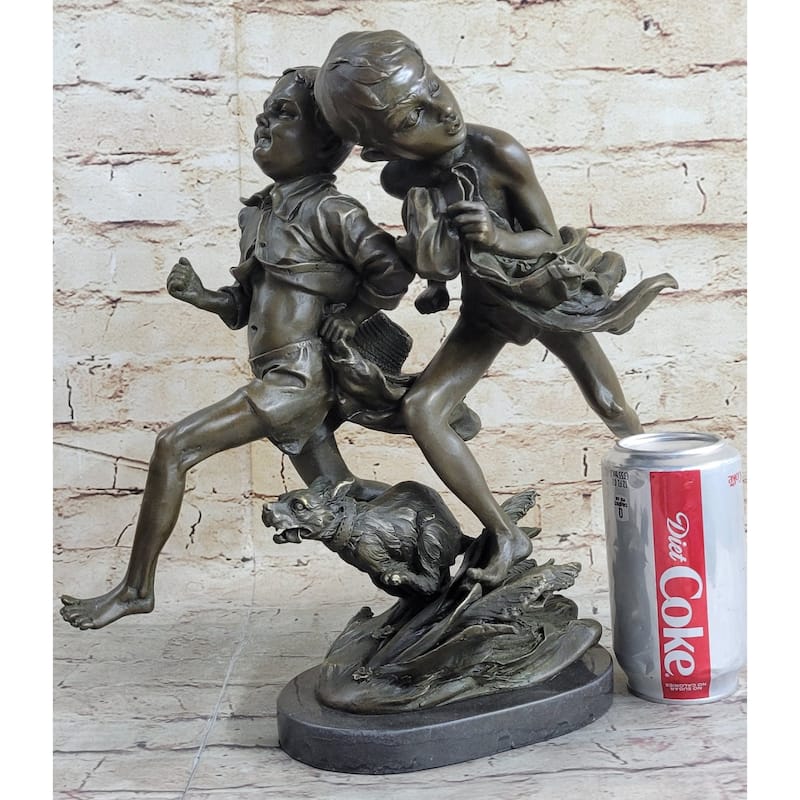 Two Running Boys With A Dog Children Bronze Sculpture Marble Base Statue Figure