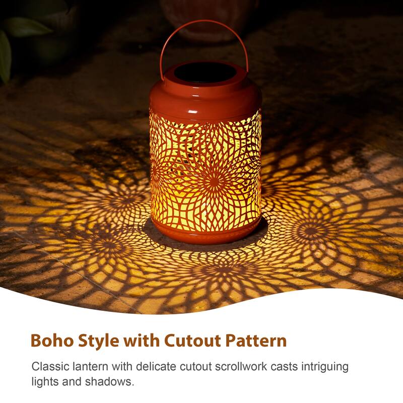 Glitzhome 8.75"H Outdoor Waterproof Metal Solar Hanging Lantern with Flower Leaves Decor