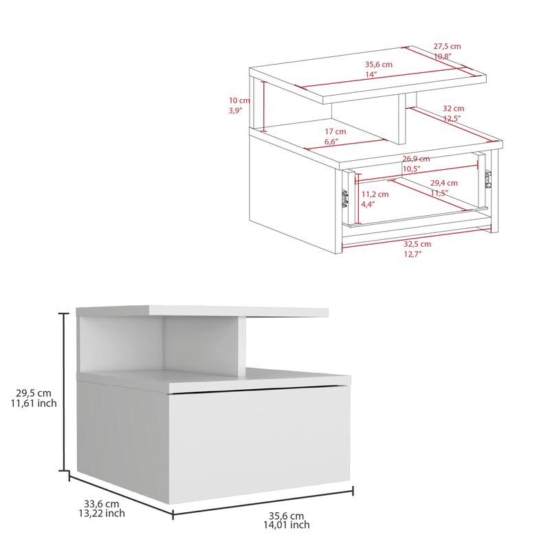 Floating Nightstand with Drawer and Open Shelves, Wall-Mounted Space-Saving Design