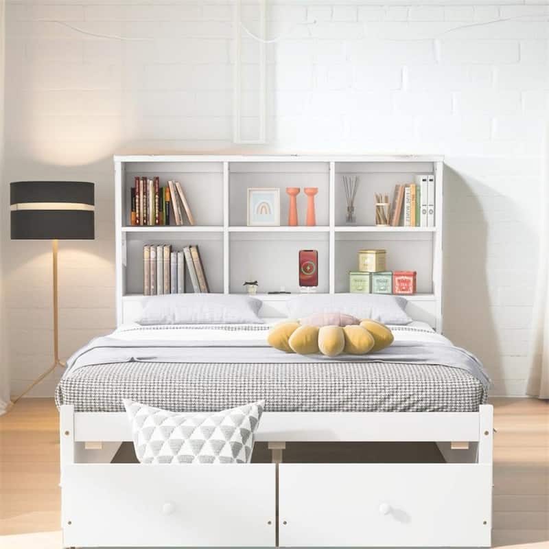 Full Size Platform Bed with Storage Headboard and Charging Station