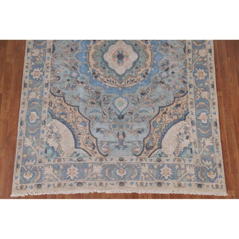 Hand Knotted Oriental 100% Wool Carpet Traditional Floral Navy Blue & Blues Tabriz Area Rug - 9' 4'' X 6' 5''