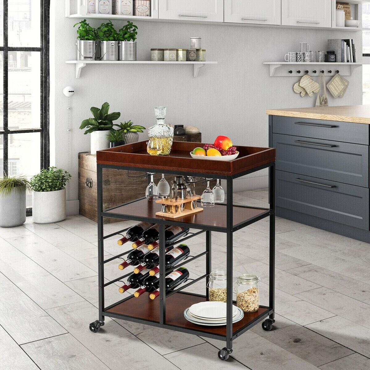 Gymax 3 Tier Storage Kitchen Trolley Utility Bar Serving Cart W Wine On Sale Overstock 29083982 It has a solid wood top and is mounted on kitchen storage trolley features: gymax 3 tier storage kitchen trolley utility bar serving cart w wine