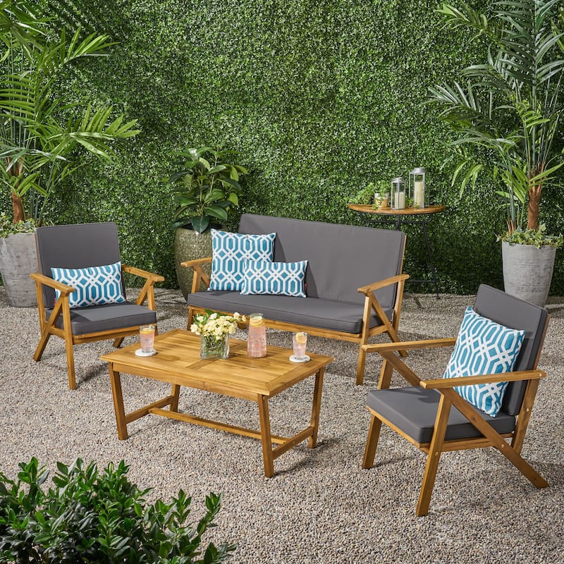 Panama Outdoor 4 Piece Teak Finish Acacia Wood Chat Set with Cushions by Christopher Knight Home - Brown+Grey
