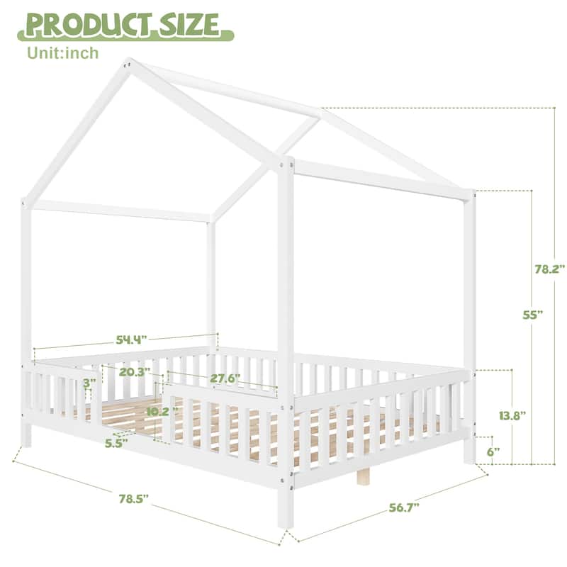 Montessori Toddler Bed Kids House Bed with Airy Canopy, Wood Bed Frame Bed Tent with 4 Full Guardrails, No Box Spring Needed