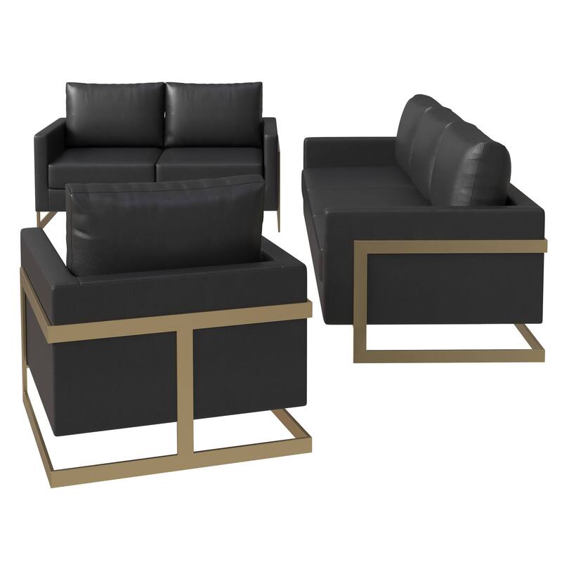 3-Piece Leather Sofa Set with Gold Stainless Steel Base and Removable Cushions
