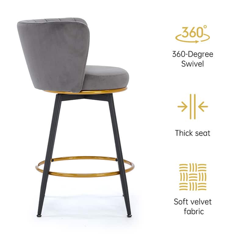 Counter Height Bar Stools Set of 2, 360° Swivel Upholstered Barstools with Backs and Metal Legs.