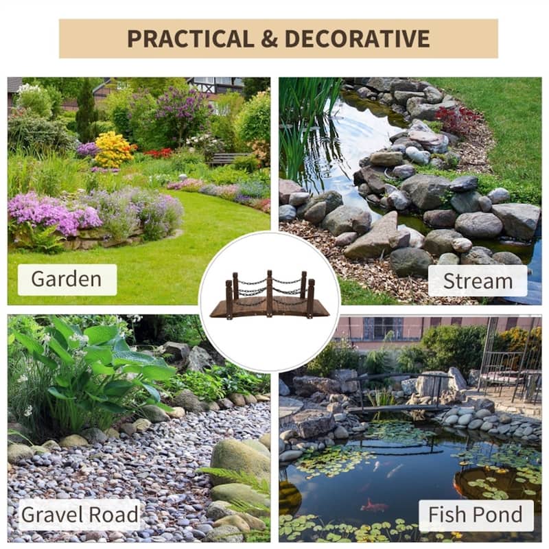 Curved Wooden Garden Bridge with Metal Chain Rails Fir Wood Outdoor Pond Landscaping Walkway 59 Inch
