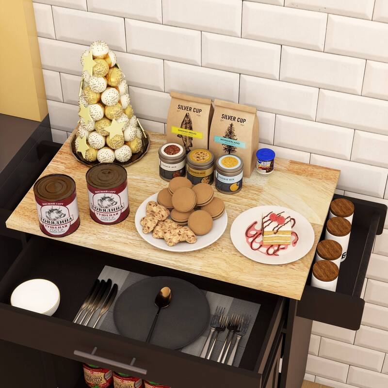 Mobile Kitchen Cart with Rubber Wood Tabletop, Adjustable Storage, and Towel & Seasoning Racks