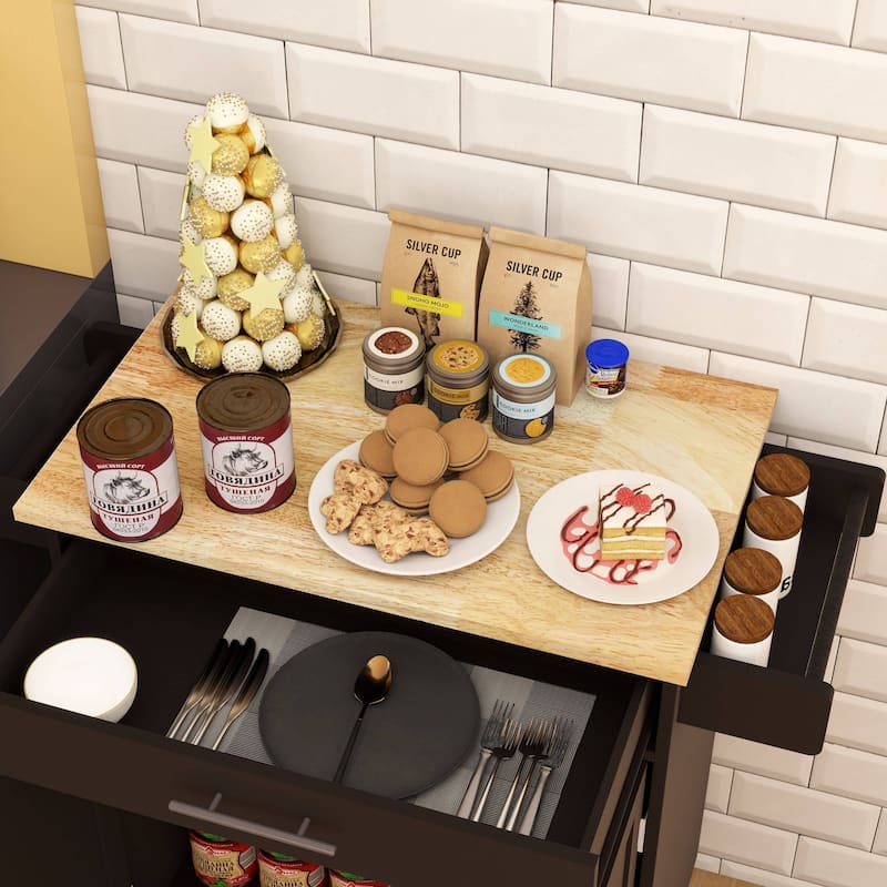 Mobile Kitchen Trolley with 2-Door Cabinet, Pull-Out Drawer, Adjustable Shelf, Seasoning Rack & Lockable Wheels