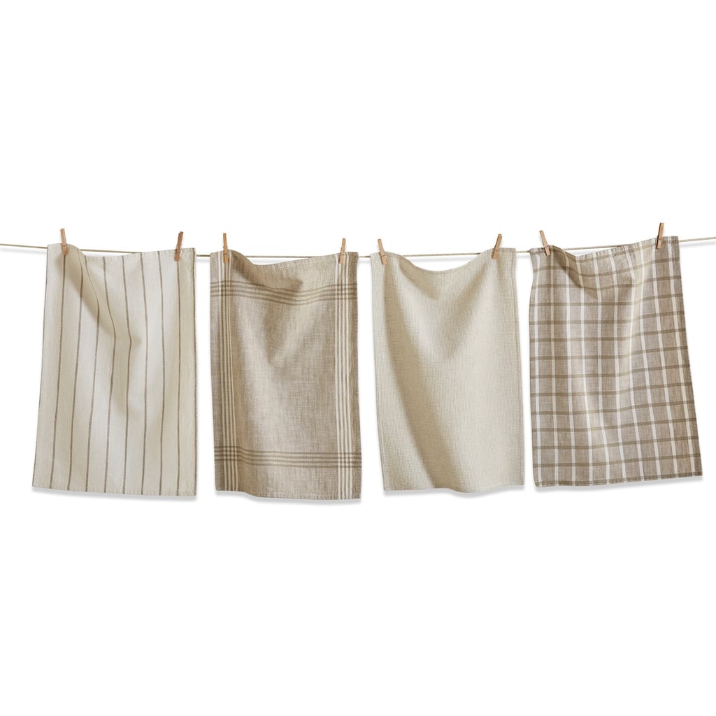 Set of 4 Canyon Woven Beige Neutrals Cotton Kitchen Dishtowels Assorted Prints and Plaids 26L x 18W in.