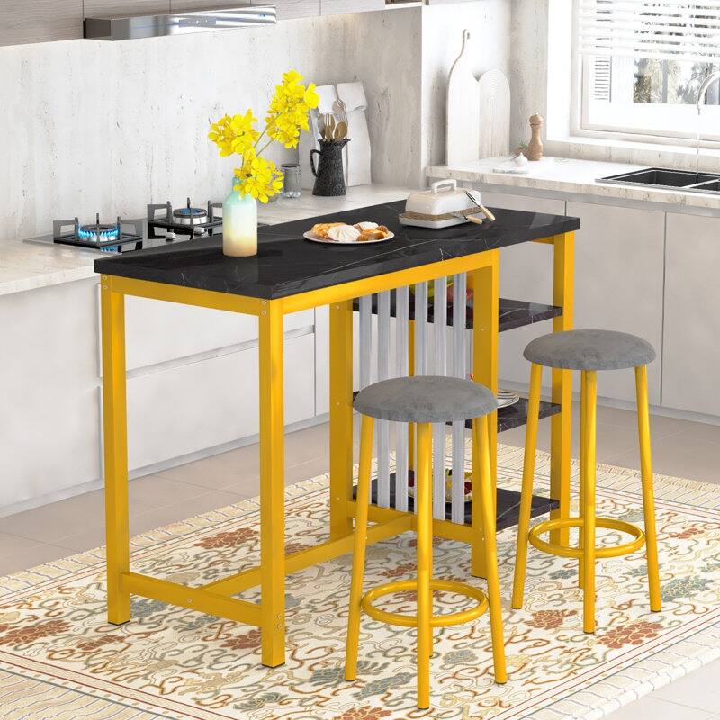 Bar Table Set with Storage Shelves, Faux Marble Breakfast Table with 2 Velvet Stools for Kitchen/Dinning Room/Living Room/Studio