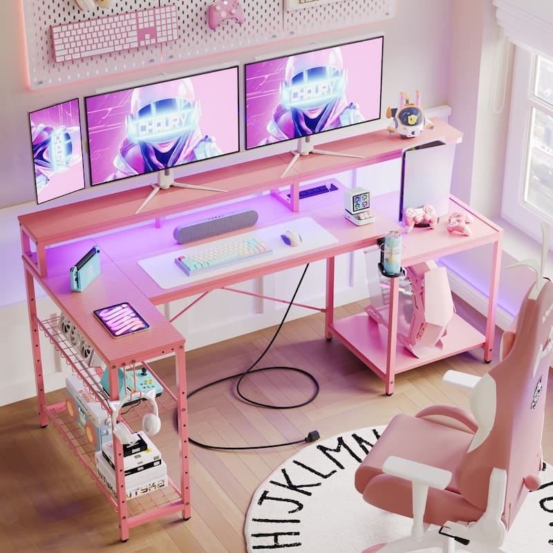 Bestier 71.5“” Computer Desk with Power Outlets, L Shaped LED Home Office Desk with Long Monitor Stand and Cup Holder & Hooks