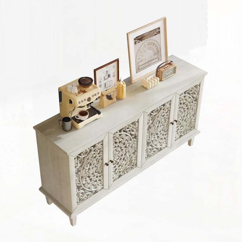 Carved Flower Door Large Storage Cabinet With Metal Handle