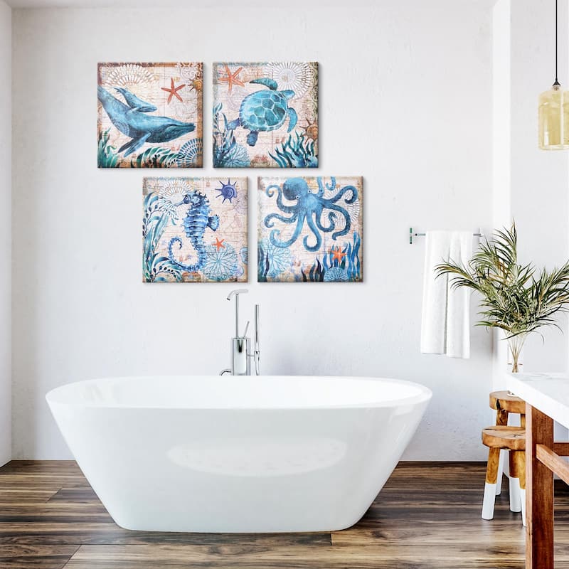 Monterey Bay Nautical Ocean Vintage Canvas Wall Art Print, 4 Piece Set