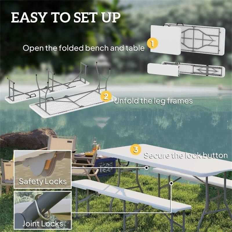 3-Piece Folding Table and Bench Set Metal Frame Indoor Outdoor Portable Picnic Furniture - 70.9" L x 29.1" W x 29.1" H