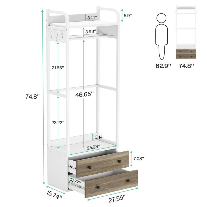 Clothes Shelf Coat Garment Rack Closet Organizer System with Drawers