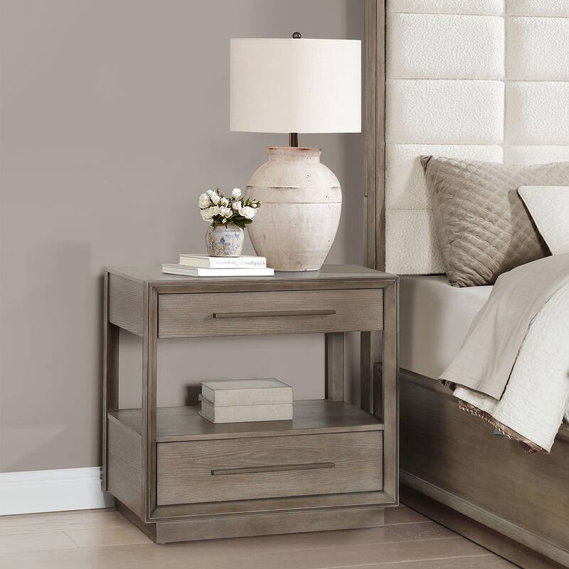 2 Drawers Wooden Nightstand with Extra-long Bar Pulls in Taupe Oak