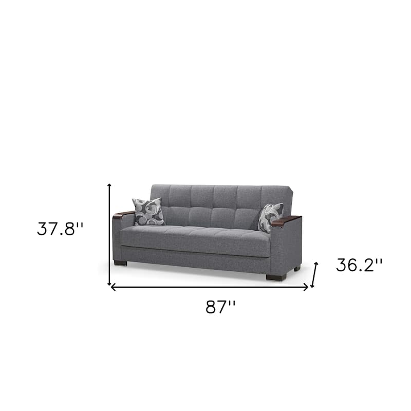 HomeRoots 87" Gray Chenille Convertible Futon Sleeper Sofa And Toss Pillows With Storage