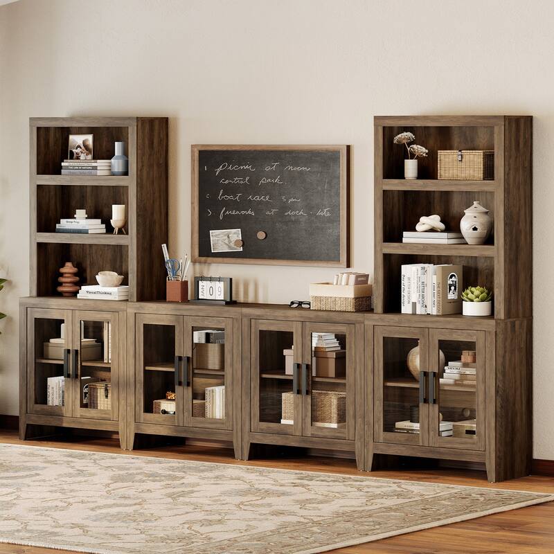 WAMPAT Farmhouse Entertainment Center with Bookshelves, Modular TV Stand with Storage Cabinets & Glass Doors - Brown
