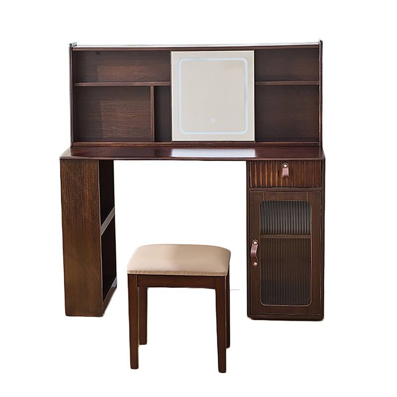 Mid-Century Modern Makeup Vanity Desk Set Includes Dressing Table & Stool, Sliding Makeup Mirror with 3-Color LED Light, Walnut
