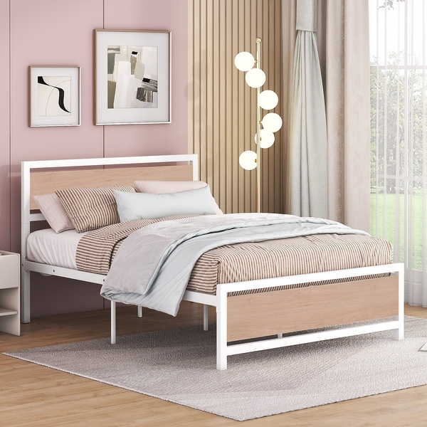 Full Size Platform Bed Sturdy Metal Frame with Headboard Footboard 13.5 Clearance for Storage Industrial Design White