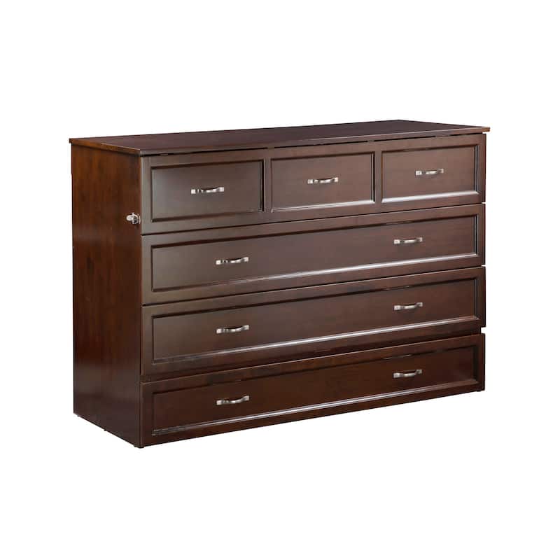 Deerfield Queen Murphy Bed Chest with 6" Mattress, Storage Drawer & Built-In Charger in Walnut