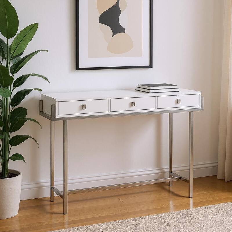 HomeRoots 48" Taupe and Silver Console Table And Drawers - 48.00 in. x 31.75 in. x 12.00 in. - White