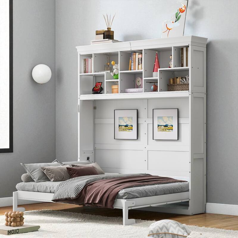 Queen Size Murphy Wall Bed with Storage Shelves and USB Ports, Foldable Cabinet Design