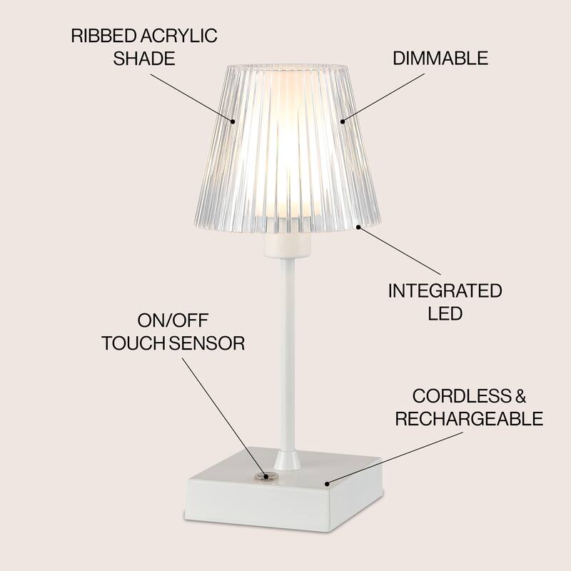 Lina 12.5" Modern Industrial Rechargeable/Cordless Iron/Acrylic Integrated LED Table Lamp with Ribbed Shade, by JONATHAN Y