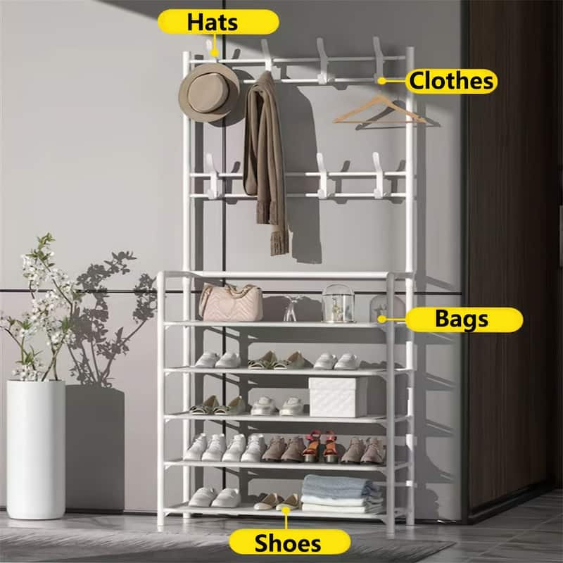 Multifunctional Storage Rack, 4-in-1 Self-Assembled Shoe Rack with Hooks