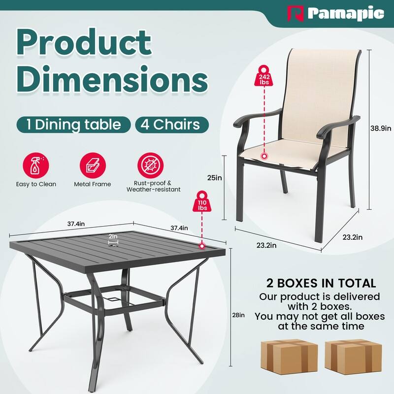 5-Piece Metal Outdoor Patio Dining Set with 4 Textilene Chairs and Square Table